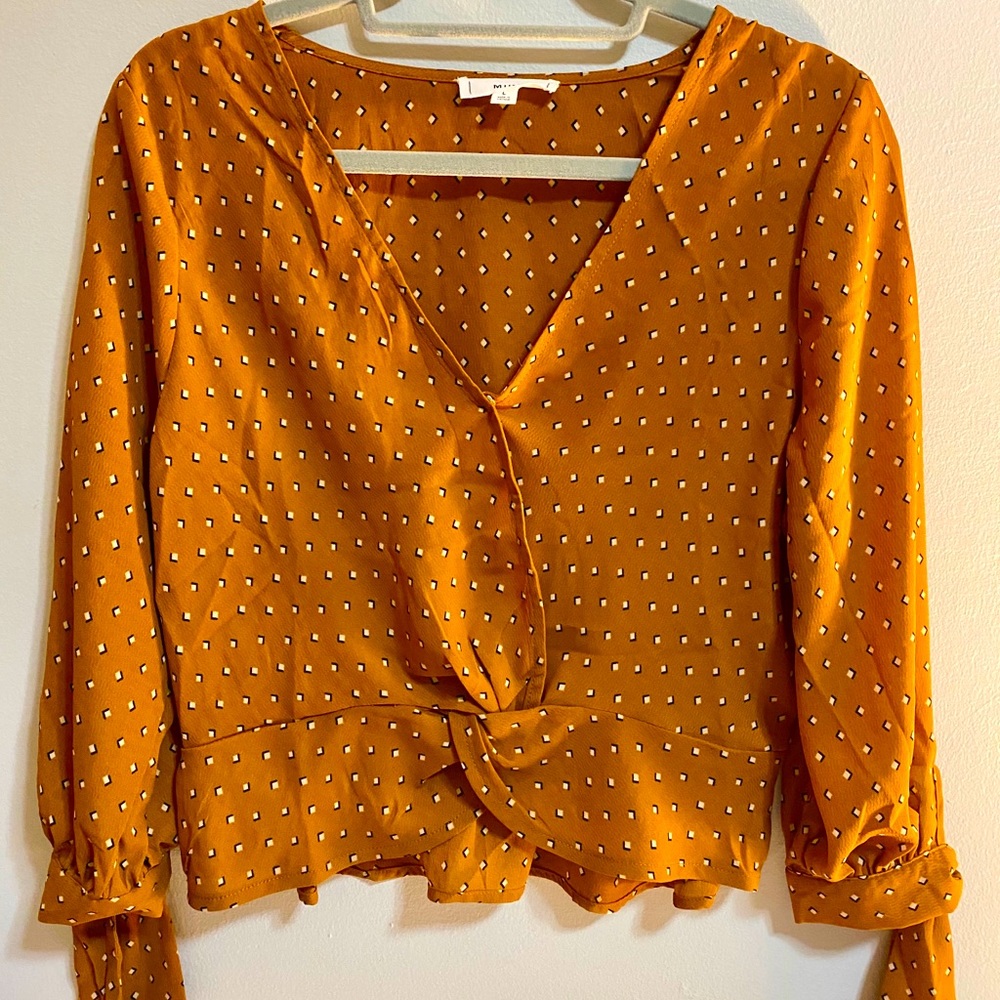 Rust cropped blouse tie sleeve deep cut neck